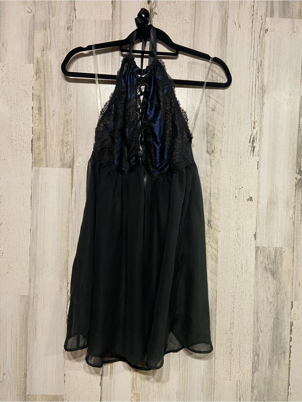 Cacique Lane Bryant Black Blue Lace-Up Halter Babydoll Lingerie 14/16
